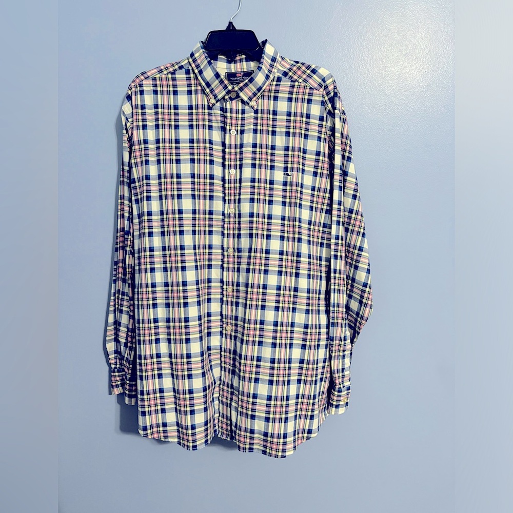 Vineyard Vines Men’s Dress Shirt Plaid Navy Blue & Pink & Yellow Slim Fit Whale